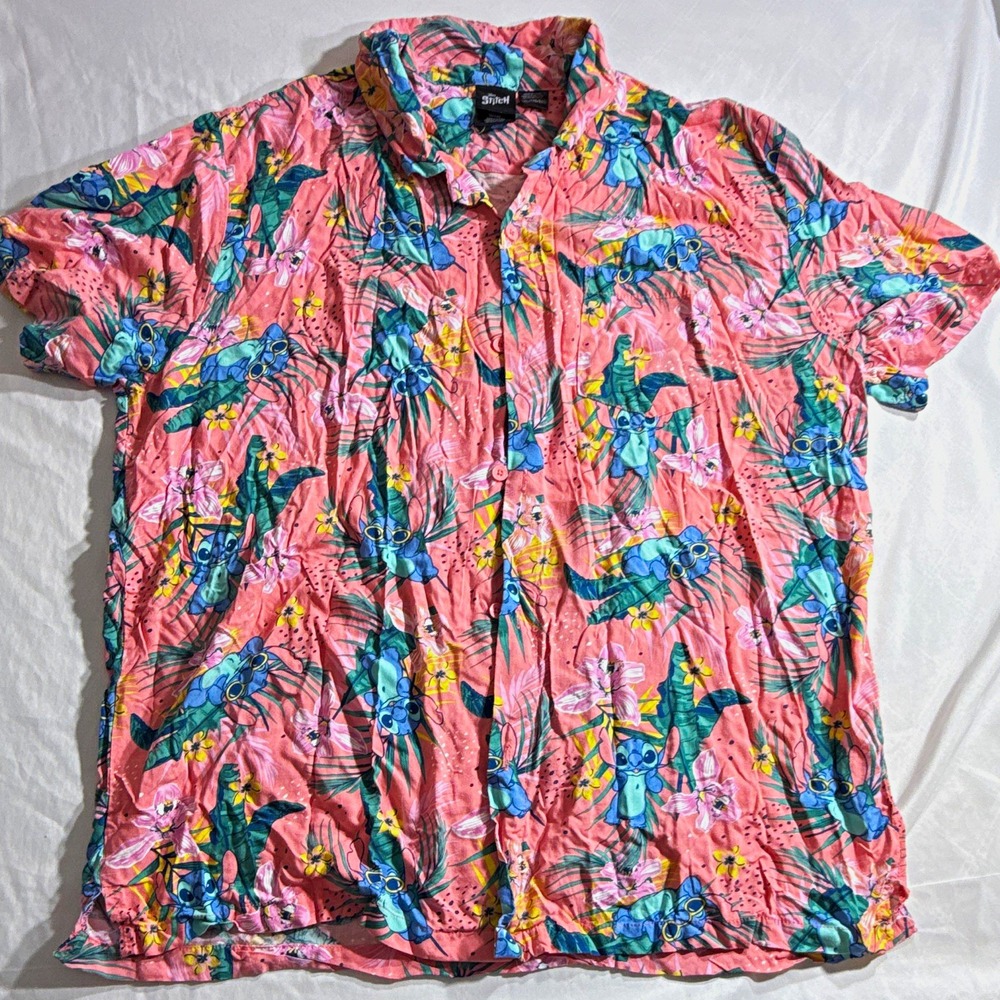 Disney Stitch Men's 2XL Pink Tropical Floral SS Button-Up Shirt Pockets
